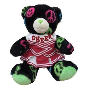 Build A Bear Black Neon Peace Sign Bear Y2K Plush w Cheerleader Outfit 16"